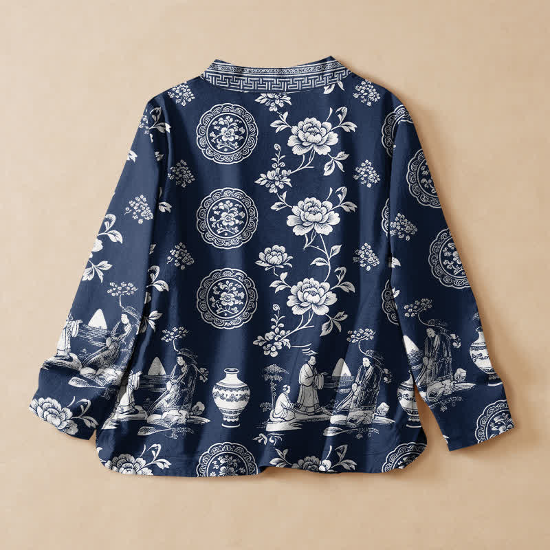 Buddha Stones Cotton Peony Porcelain Floral Print Hanfu Style Wrap V-Neck Lace-up Women's Long Sleeve Shirts Kimono - image 1