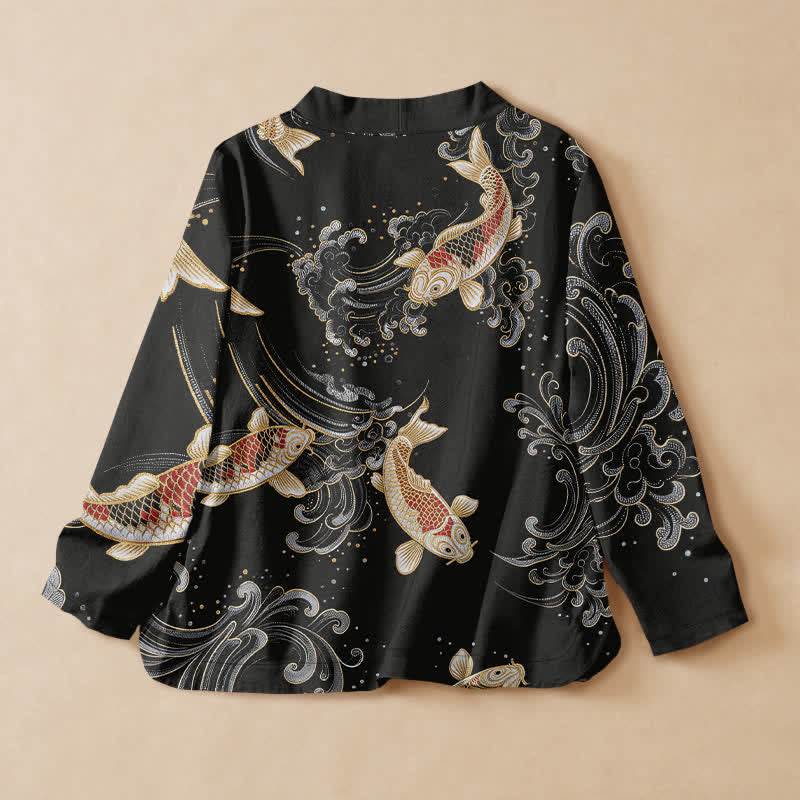 Buddha Stones Cotton Golden Koi Wave Print Hanfu Style Wrap V-Neck Lace-up Women's Long Sleeve Shirts Kimono - image 1
