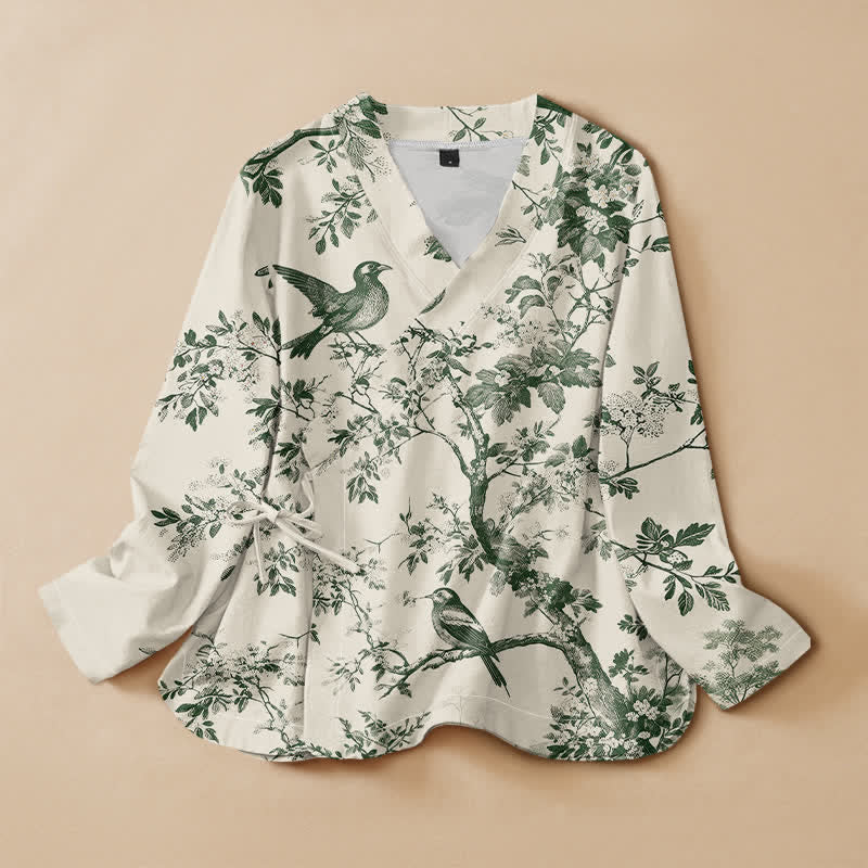 Buddha Stones Cotton Botanical Bird Print Hanfu Style Wrap V-Neck Lace-up Women's Long Sleeve Shirts Kimono - Ivory - US16，UK/AU20，EU48 (3XL) - image 0