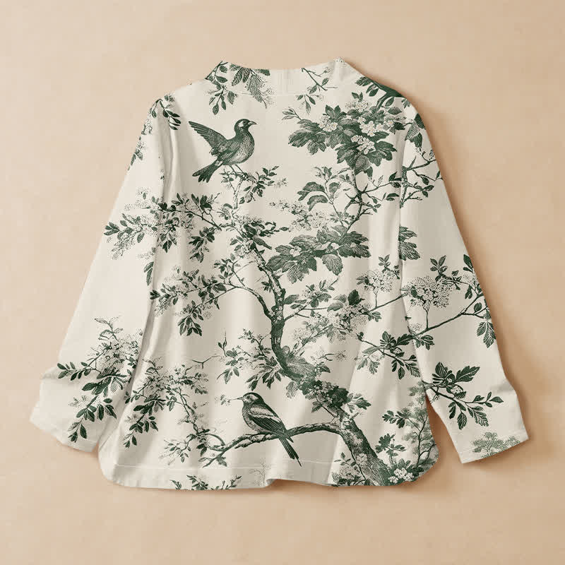 Buddha Stones Cotton Botanical Bird Print Hanfu Style Wrap V-Neck Lace-up Women's Long Sleeve Shirts Kimono - image 1