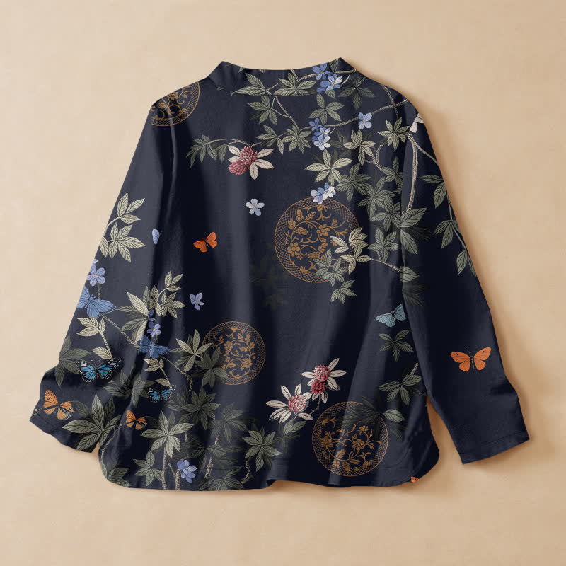 Buddha Stones Cotton Floral Butterfly Medallion Print Hanfu Style Wrap V-Neck Lace-up Women's Long Sleeve Shirts Kimono - image 1