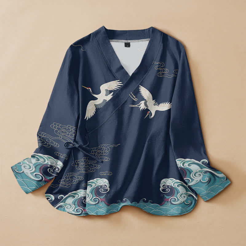 Buddha Stones Cotton White Crane Cloud Print Hanfu Style Wrap V-Neck Lace-up Women's Long Sleeve Shirts Kimono - Navy - US16，UK/AU20，EU48 (3XL) - image 0