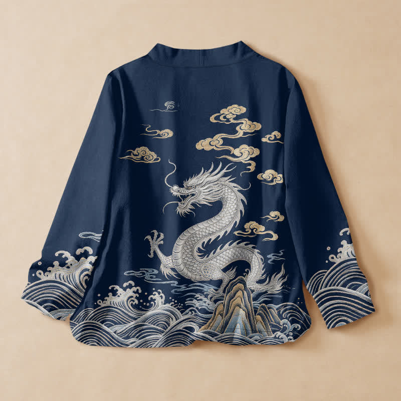 Buddha Stones Cotton Dragon Cloud Wave Print Hanfu Style Wrap V-Neck Lace-up Women's Long Sleeve Shirts Kimono - image 1