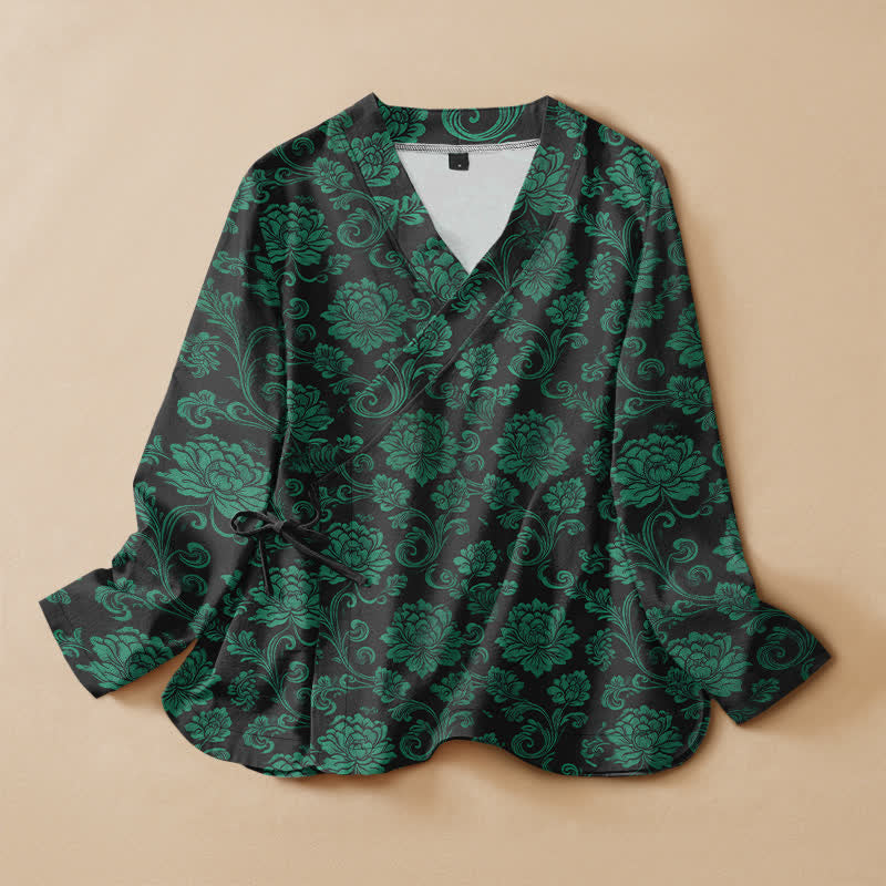 Buddha Stones Cotton Vintage Floral Pattern Hanfu Style Wrap V-Neck Lace-up Women's Long Sleeve Shirts Kimono - Black - US16，UK/AU20，EU48 (3XL) - image 0