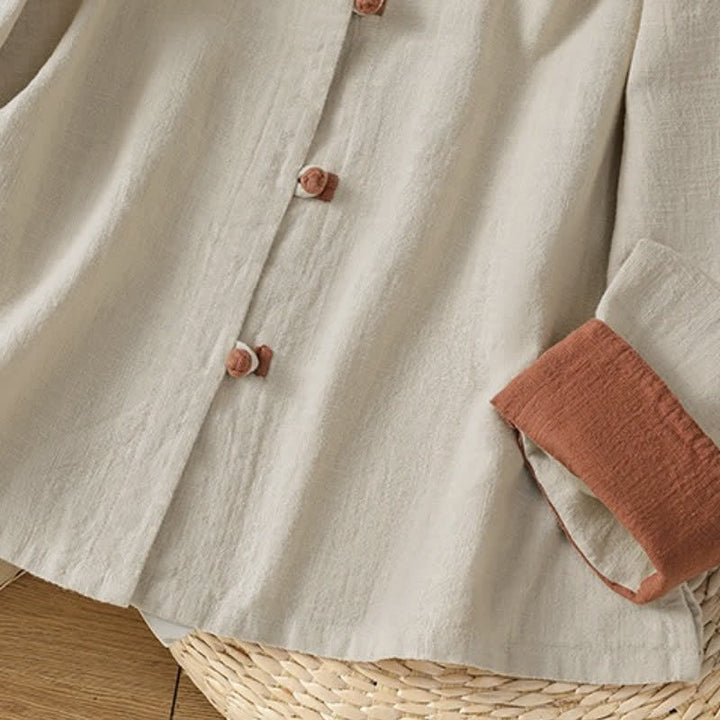 Buddha Stones Spring Fall Casual Tang Style Mandarin Collar Solid Color Contrast Women's Long Sleeve Shirts - image 5