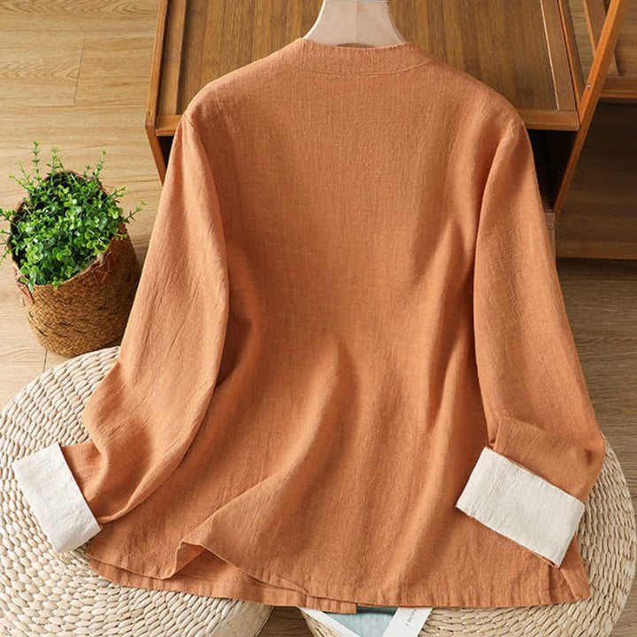 Buddha Stones Spring Fall Casual Tang Style Mandarin Collar Solid Color Contrast Women's Long Sleeve Shirts - image 10