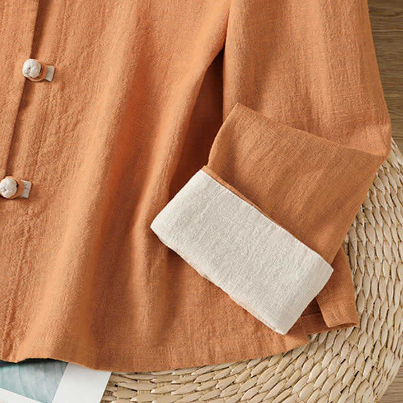 Buddha Stones Spring Fall Casual Tang Style Mandarin Collar Solid Color Contrast Women's Long Sleeve Shirts - image 13