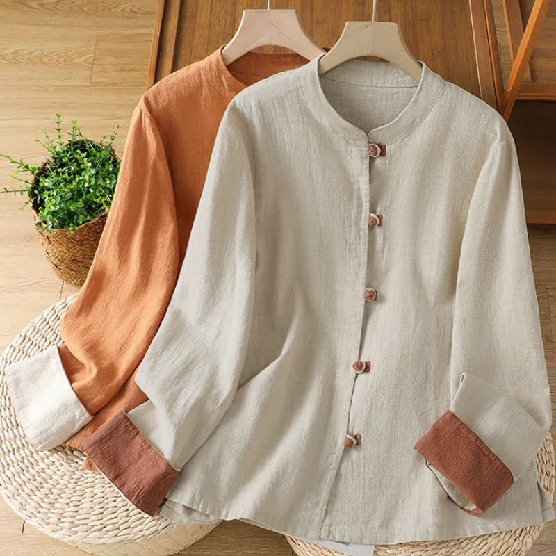 Buddha Stones Spring Fall Casual Tang Style Mandarin Collar Solid Color Contrast Women's Long Sleeve Shirts - image 15