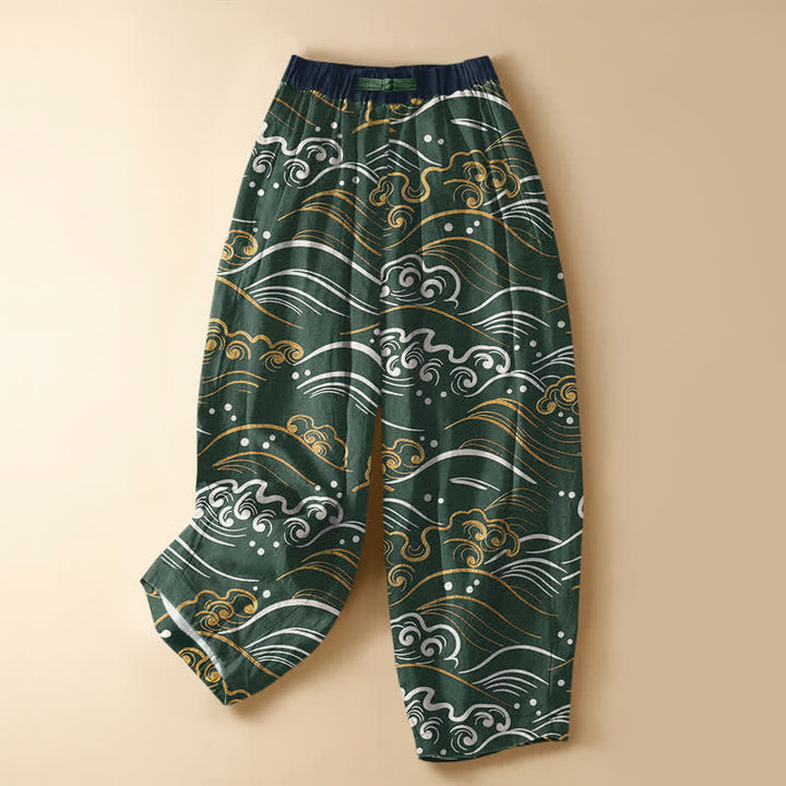 Buddha Stones Pure Cotton Ocean Wave Cloud Pattern Frog Button Women's Elastic Waist Harem Pants With Pockets - DarkGreen - US16，UK/AU20，EU48 (3XL) - image 5