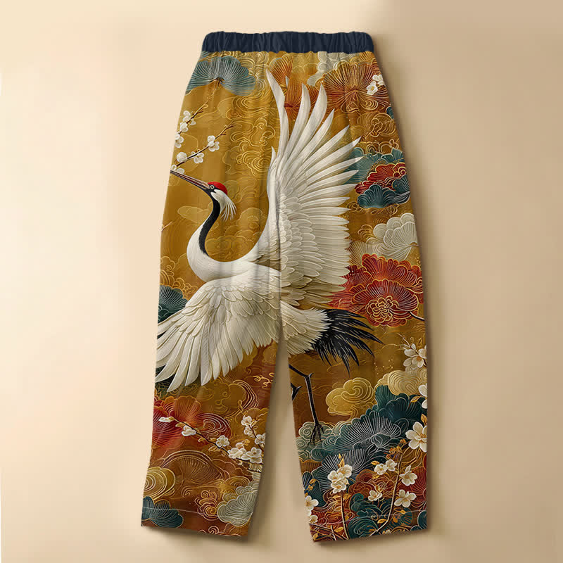 Buddha Stones Pure Cotton Vintage Crane Cloud Pattern Frog Button Women's Elastic Waist Harem Pants With Pockets - image 1