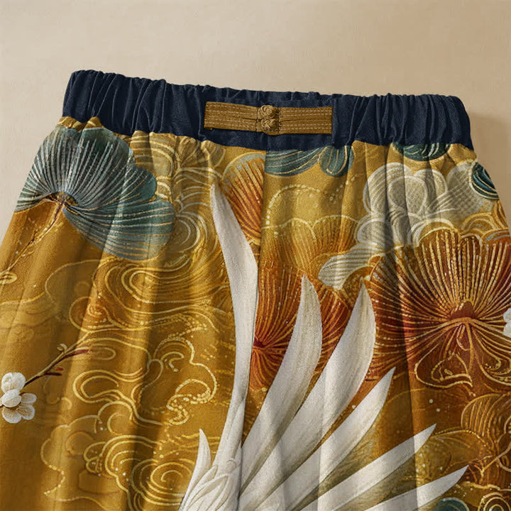 Buddha Stones Pure Cotton Vintage Crane Cloud Pattern Frog Button Women's Elastic Waist Harem Pants With Pockets - image 2