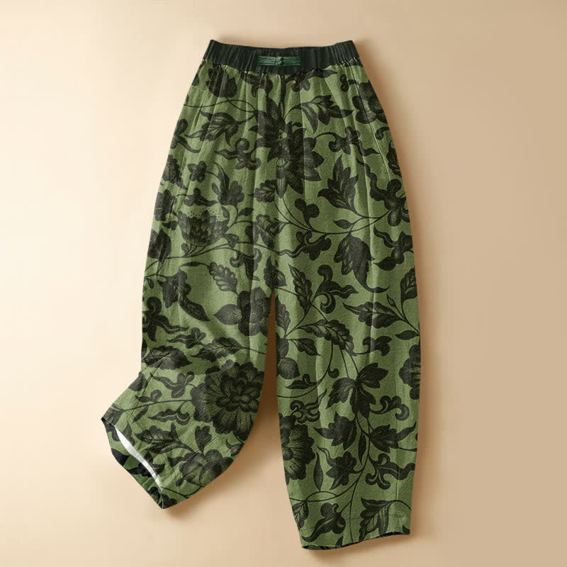 Buddha Stones Pure Cotton Vintage Olive Floral Pattern Frog Button Women's Elastic Waist Harem Pants With Pockets - LightGreen - US16，UK/AU20，EU48 (3XL) - image 0
