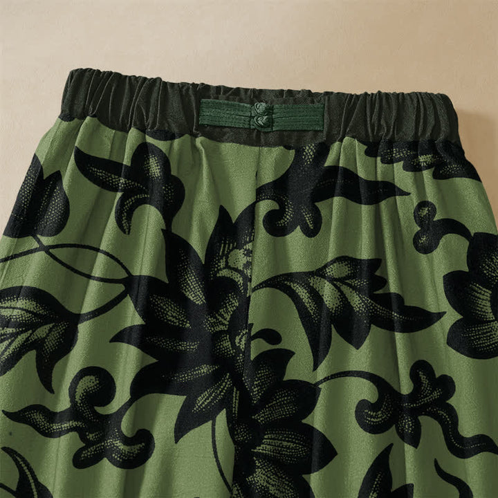 Buddha Stones Pure Cotton Vintage Olive Floral Pattern Frog Button Women's Elastic Waist Harem Pants With Pockets - image 2
