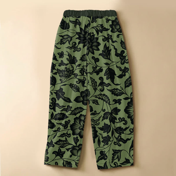 Buddha Stones Pure Cotton Vintage Olive Floral Pattern Frog Button Women's Elastic Waist Harem Pants With Pockets - image 1