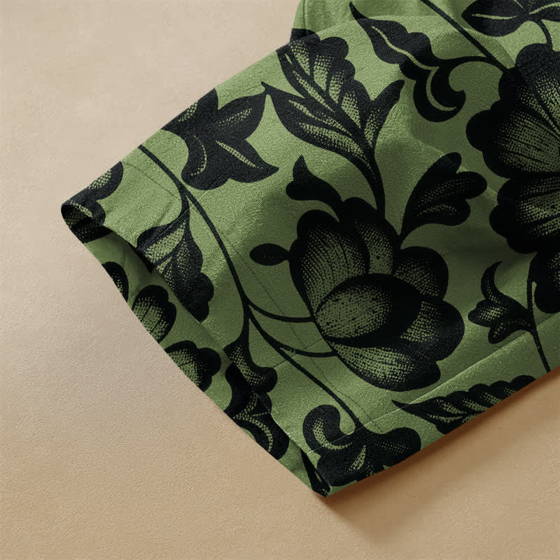 Buddha Stones Pure Cotton Vintage Olive Floral Pattern Frog Button Women's Elastic Waist Harem Pants With Pockets - image 3