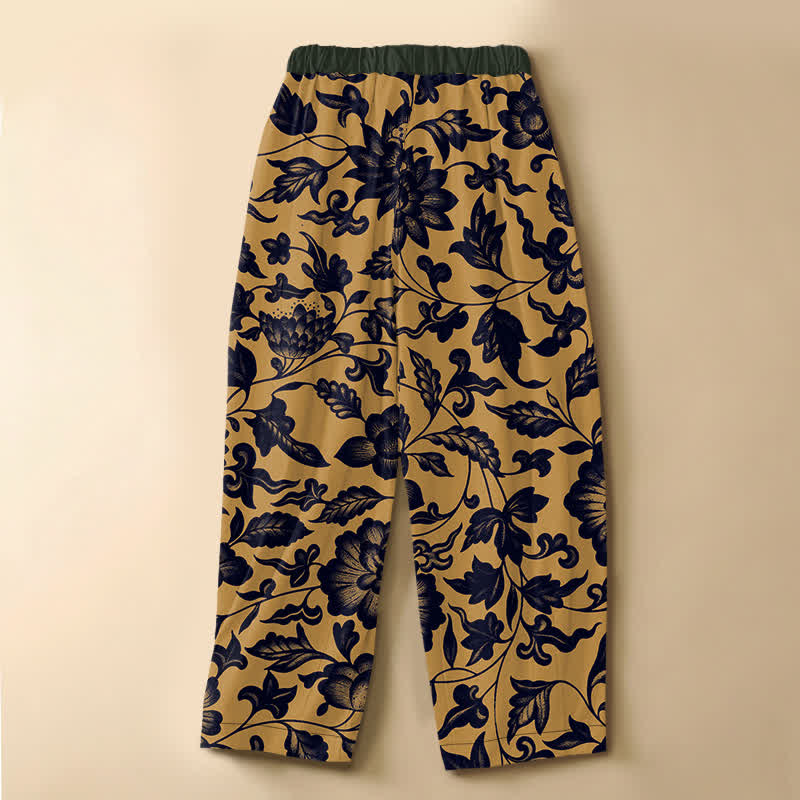 Buddha Stones Pure Cotton Vintage Olive Floral Pattern Frog Button Women's Elastic Waist Harem Pants With Pockets - image 6