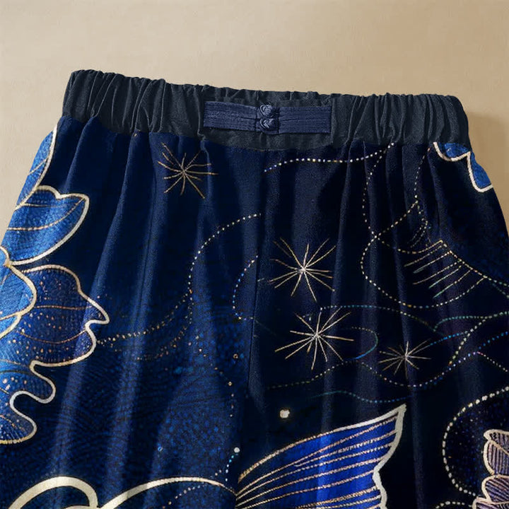 Buddha Stones Pure Cotton Vintage Koi Lotus Pattern Frog Button Women's Elastic Waist Harem Pants With Pockets - image 2