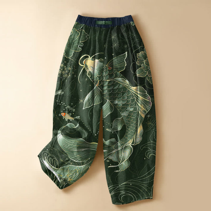 Buddha Stones Pure Cotton Vintage Koi Lotus Pattern Frog Button Women's Elastic Waist Harem Pants With Pockets - DarkGreen - US16，UK/AU20，EU48 (3XL) - image 7
