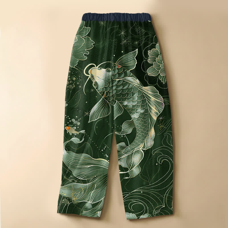 Buddha Stones Pure Cotton Vintage Koi Lotus Pattern Frog Button Women's Elastic Waist Harem Pants With Pockets - image 8