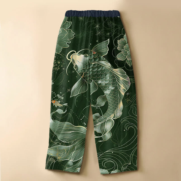 Buddha Stones Pure Cotton Vintage Koi Lotus Pattern Frog Button Women's Elastic Waist Harem Pants With Pockets - image 8