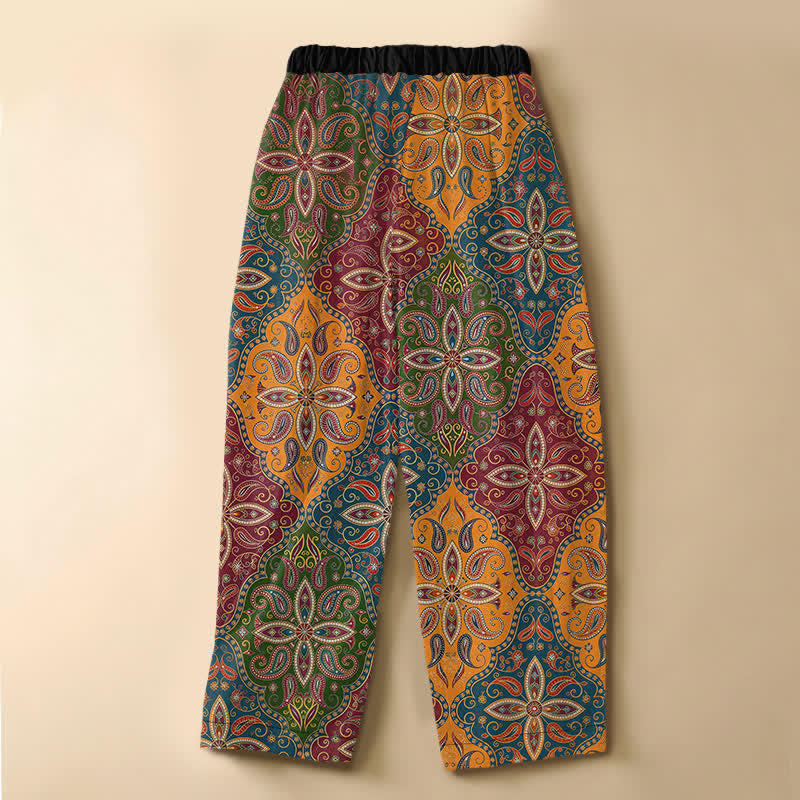 Buddha Stones Pure Cotton Ornate Folk Mandala Pattern Frog Button Women's Elastic Waist Harem Pants With Pockets - image 1