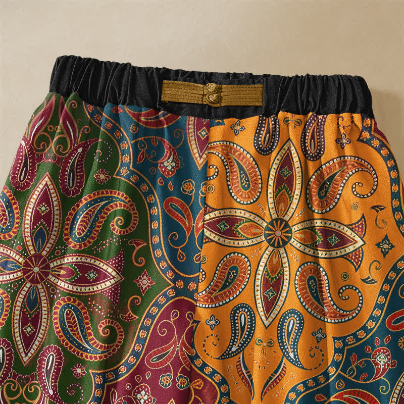 Buddha Stones Pure Cotton Ornate Folk Mandala Pattern Frog Button Women's Elastic Waist Harem Pants With Pockets - image 2