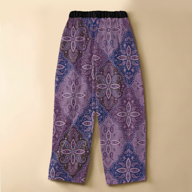 Buddha Stones Pure Cotton Ornate Folk Mandala Pattern Frog Button Women's Elastic Waist Harem Pants With Pockets - image 8