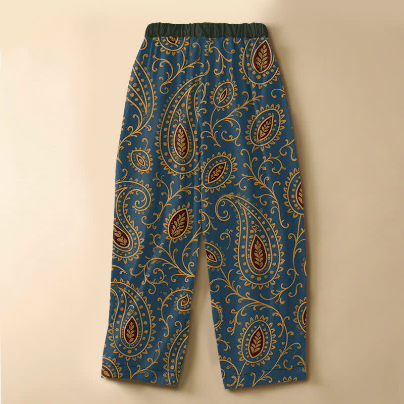 Buddha Stones Pure Cotton Vintage Leaf Paisley Pattern Frog Button Women's Elastic Waist Harem Pants With Pockets - image 6