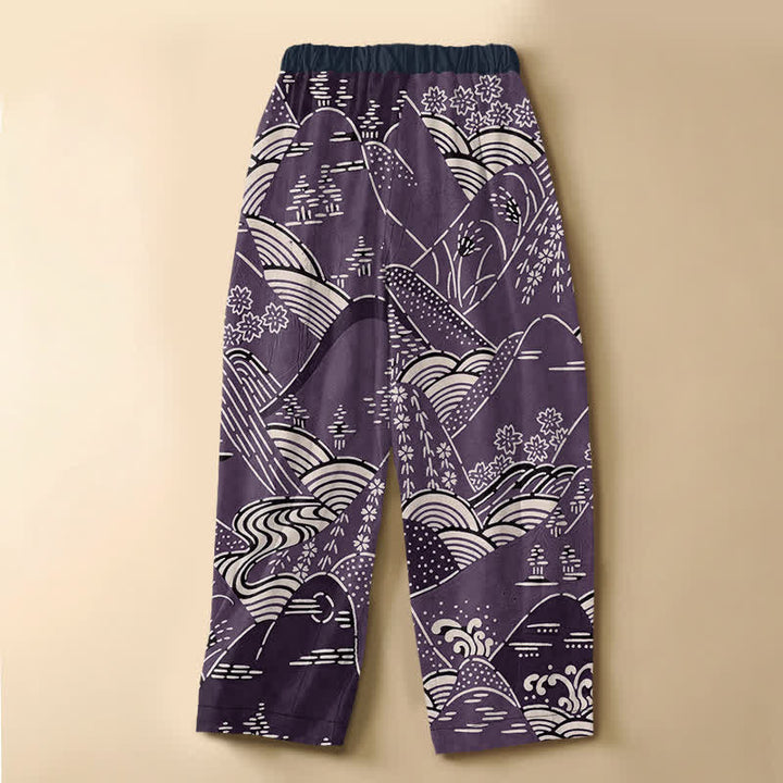 Buddha Stones Pure Cotton Japanese Wave Landscape Pattern Frog Button Women's Elastic Waist Harem Pants With Pockets - image 8