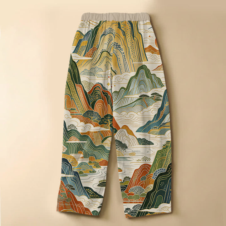Buddha Stones Pure Cotton Vintage Mountain Landscape Pattern Frog Button Women's Elastic Waist Harem Pants With Pockets - image 1
