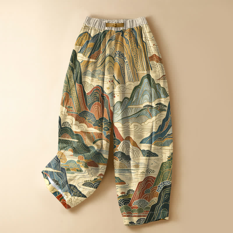 Buddha Stones Pure Cotton Vintage Mountain Landscape Pattern Frog Button Women's Elastic Waist Harem Pants With Pockets - Beige - US16，UK/AU20，EU48 (3XL) - image 5