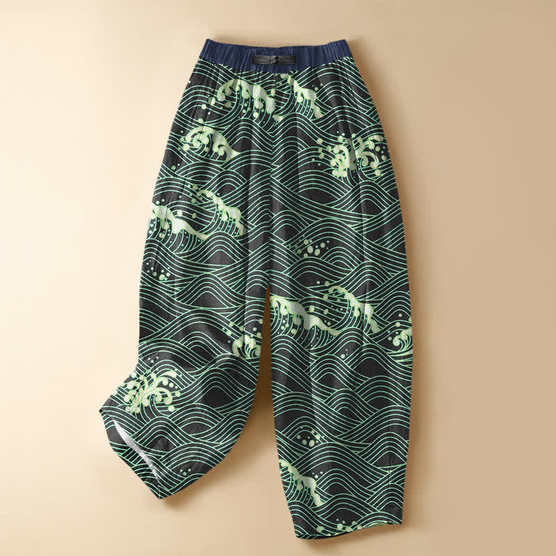 Buddha Stones Pure Cotton Ocean Wave Pattern Frog Button Women's Elastic Waist Harem Pants With Pockets - DarkSlateGray - US16，UK/AU20，EU48 (3XL) - image 5