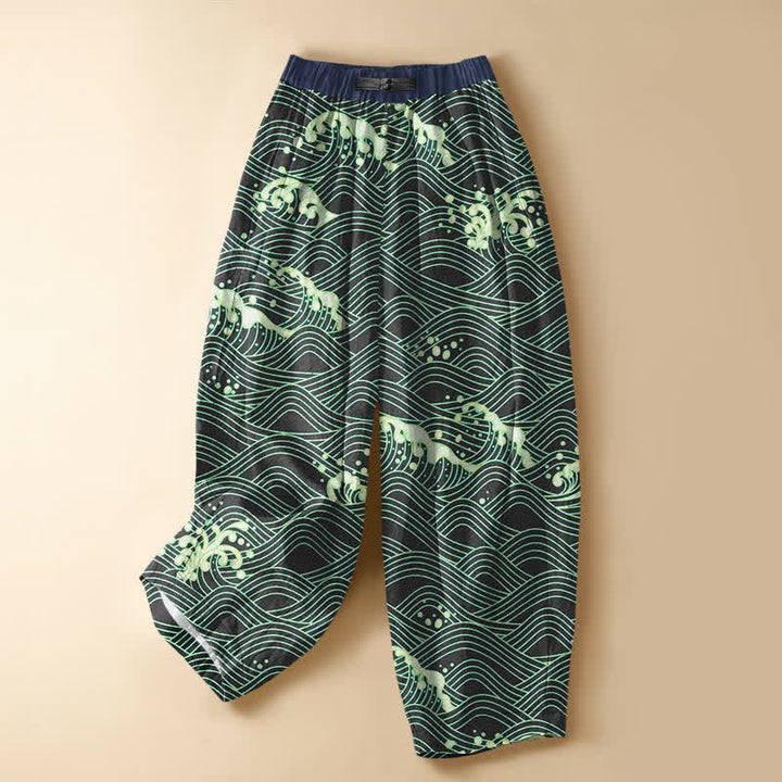 Buddha Stones Pure Cotton Ocean Wave Pattern Frog Button Women's Elastic Waist Harem Pants With Pockets - DarkSlateGray - US16，UK/AU20，EU48 (3XL) - image 5
