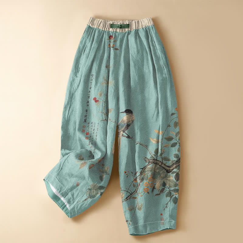 Buddha Stones Pure Cotton Oriental Bird Branch Pattern Frog Button Women's Elastic Waist Harem Pants With Pockets - PowderBlue - US16，UK/AU20，EU48 (3XL) - image 7