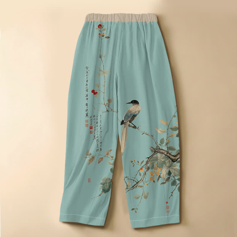 Buddha Stones Pure Cotton Oriental Bird Branch Pattern Frog Button Women's Elastic Waist Harem Pants With Pockets - image 8