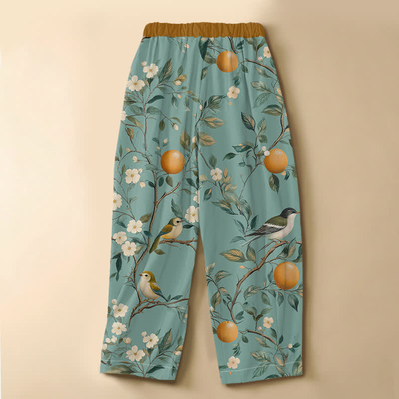 Buddha Stones Pure Cotton Orchard Bird Bloom Pattern Frog Button Women's Elastic Waist Harem Pants With Pockets - image 1