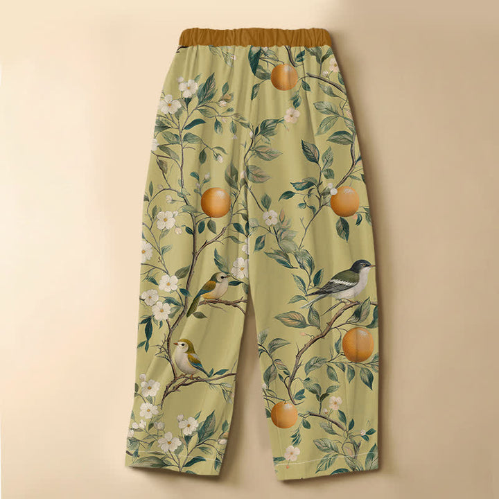 Buddha Stones Pure Cotton Orchard Bird Bloom Pattern Frog Button Women's Elastic Waist Harem Pants With Pockets - image 6