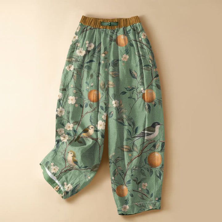 Buddha Stones Pure Cotton Orchard Bird Bloom Pattern Frog Button Women's Elastic Waist Harem Pants With Pockets - MediumAquamarine - US16，UK/AU20，EU48 (3XL) - image 7