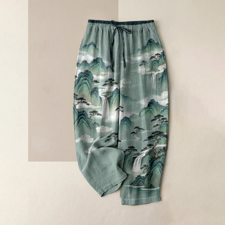 Buddha Stones Pure Cotton Pine Mountain Scenery Pattern Women's Elastic Waist Pants With Pockets - MediumAquamarine - US16，UK/AU20，EU48 (3XL) - image 0