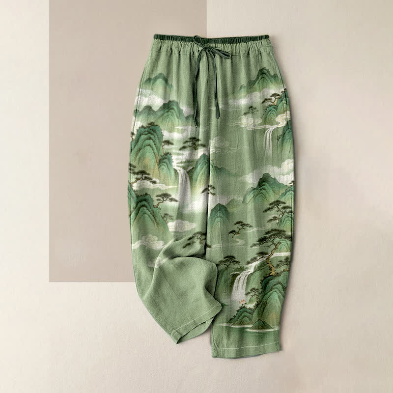 Buddha Stones Pure Cotton Pine Mountain Scenery Pattern Women's Elastic Waist Pants With Pockets - PaleGreen - US16，UK/AU20，EU48 (3XL) - image 3