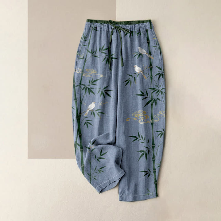 Buddha Stones Pure Cotton Bamboo Bird Pattern Women's Elastic Waist Pants With Pockets - SteelBlue - US16，UK/AU20，EU48 (3XL) - image 4