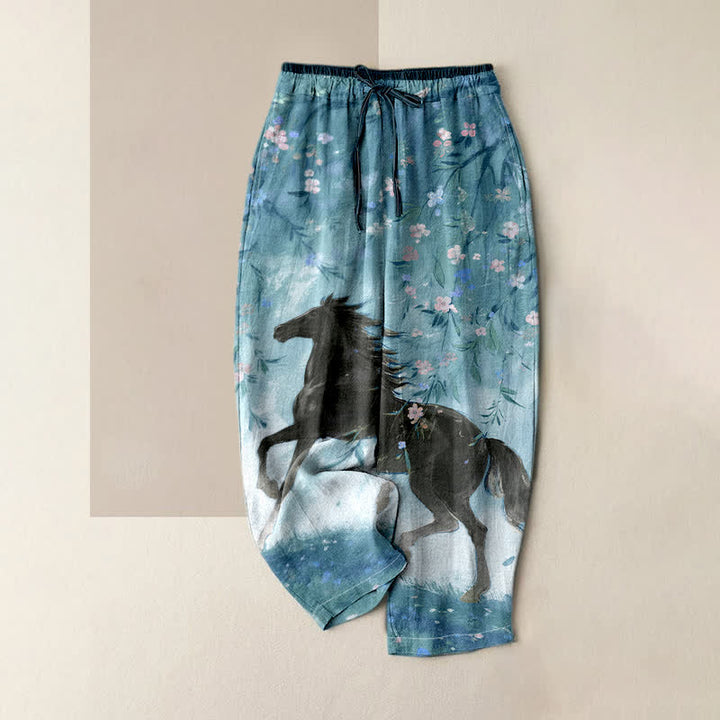 Buddha Stones Pure Cotton Galloping Horse Floral Pattern Women's Elastic Waist Pants With Pockets - LightSkyBlue - US16，UK/AU20，EU48 (3XL) - image 3