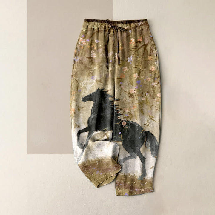 Buddha Stones Pure Cotton Galloping Horse Floral Pattern Women's Elastic Waist Pants With Pockets - DarkKhaki - US16，UK/AU20，EU48 (3XL) - image 4