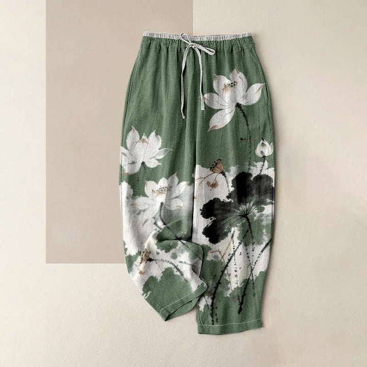 Buddha Stones Pure Cotton Ink Lotus Pattern Women's Elastic Waist Pants With Pockets - MediumSeaGreen - US16，UK/AU20，EU48 (3XL) - image 4