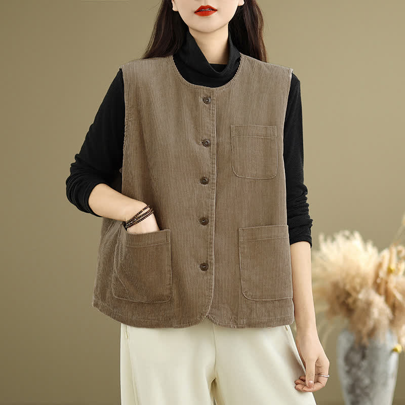 Buddha Stones Fall Winter Casual Vintage Button-Up Solid Tank Top Corduroy Women's Vest With Pockets - Tan - US8-10, UK/AU12-14, EU40-42 (2XL) - image 0