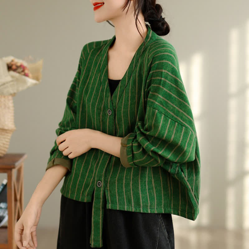 Buddha Stones Fall Casual Vintage Button-Up Drawstring Striped Cropped Women's Jacket - ForestGreen - US4-8/10, UK/AU8-12/14, EU36-40/42 (F) - image 9