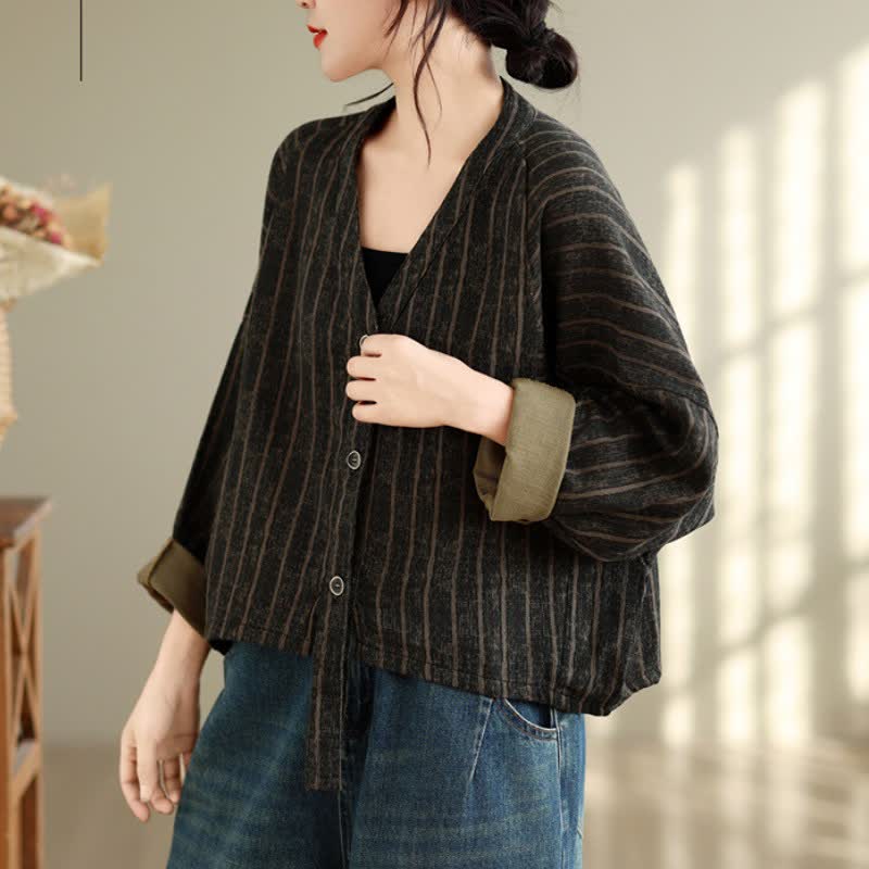 Buddha Stones Fall Casual Vintage Button-Up Drawstring Striped Cropped Women's Jacket - image 1