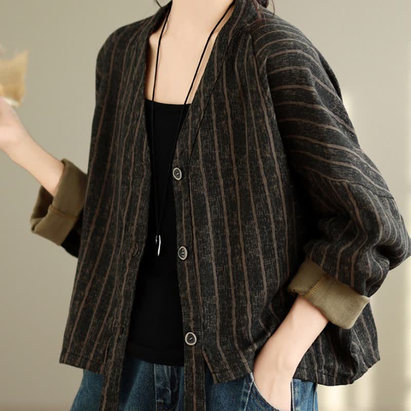 Buddha Stones Fall Casual Vintage Button-Up Drawstring Striped Cropped Women's Jacket - image 3