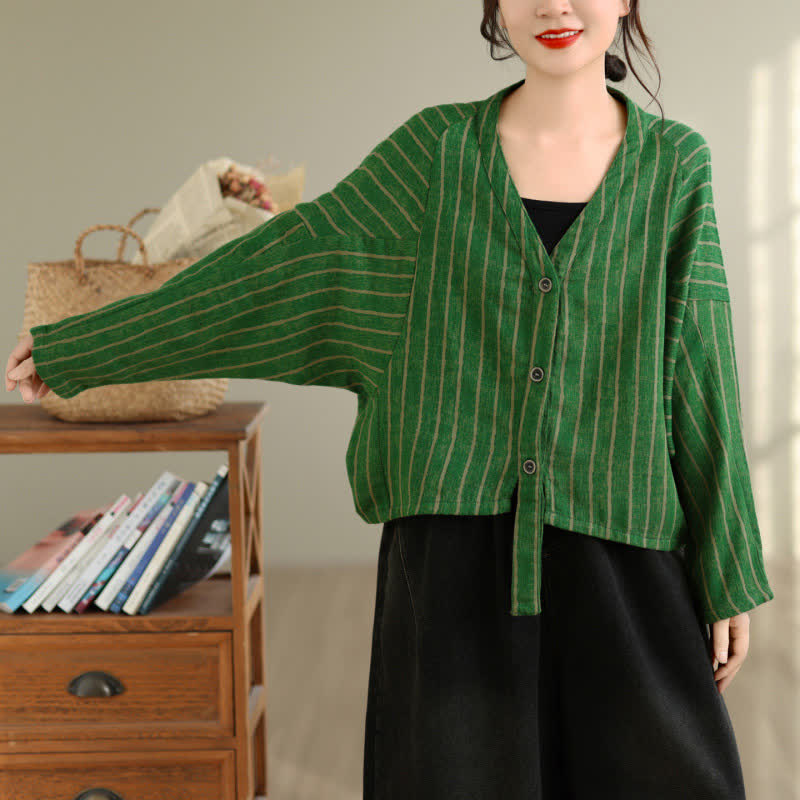 Buddha Stones Fall Casual Vintage Button-Up Drawstring Striped Cropped Women's Jacket - image 11