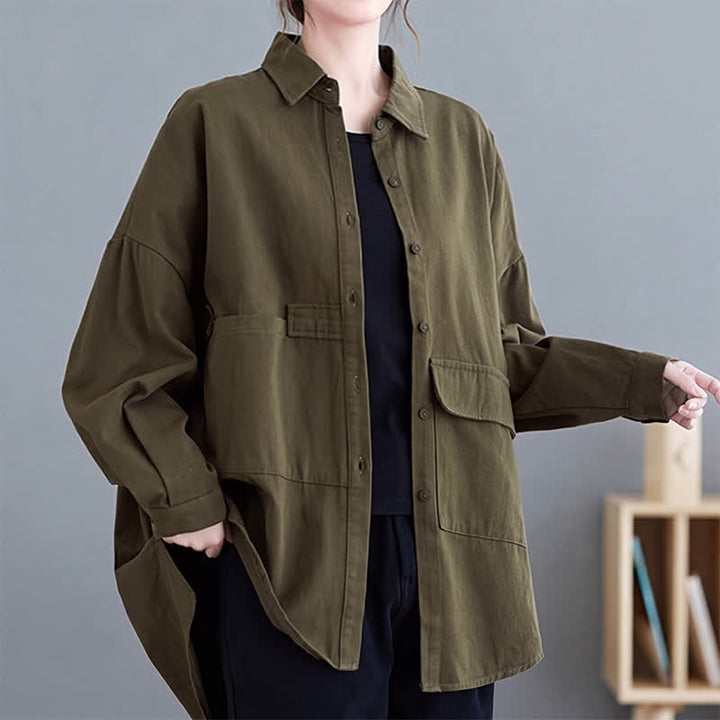 Buddha Stones Spring Fall Basic Minimalist Button-Up Solid Cotton Women's Jacket With Pockets - image 1